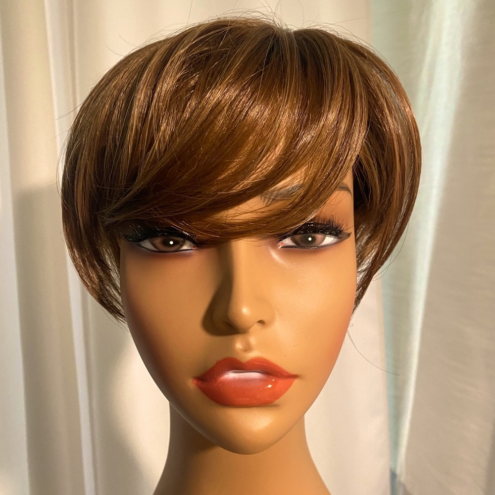 HAIR TOPPER- Golden Brown with low lights. Made for short pixie haircut.